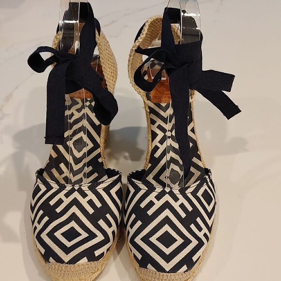 Tory Burch Geo Print Platform Wedge Espadrilles Navy White Boho Sandals - Picture 2 of 11